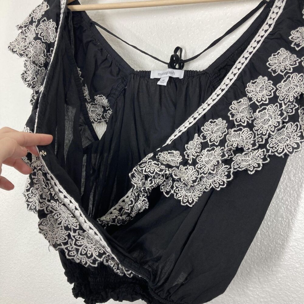 Monograph Anthropologie Blouse XL Black Embroidered Floral Ruffle Crop Top Boho - Picture 6 of 15